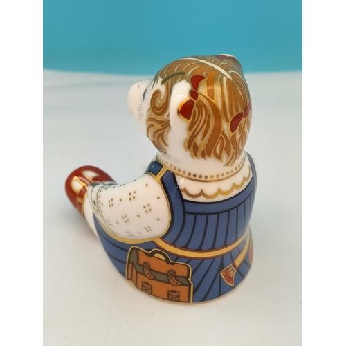 16 - Royal Crown Derby 'School Girl Teddy Bear' Paperweight with Gold Stopper. 9cm Tall.