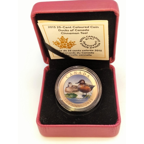 207 - Boxed Royal Canadian Mint 25 Cent 2015 'Ducks of Canada - Cinnamon Teal' Coloured Coin with Certific... 