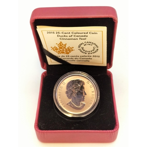 207 - Boxed Royal Canadian Mint 25 Cent 2015 'Ducks of Canada - Cinnamon Teal' Coloured Coin with Certific... 