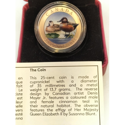 207 - Boxed Royal Canadian Mint 25 Cent 2015 'Ducks of Canada - Cinnamon Teal' Coloured Coin with Certific... 