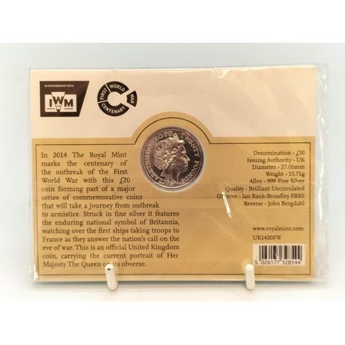 243 - Royal Mint 'Outbreak WWI' 2014 UK £20 Fine Silver Coin.