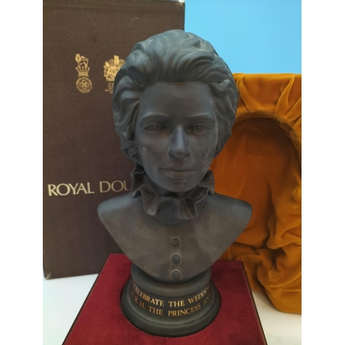 252 - Boxed Royal Doulton Black Basalt Bust of H.R.H. Princess Ann to Celebrate her Wedding on Stand. Limi... 