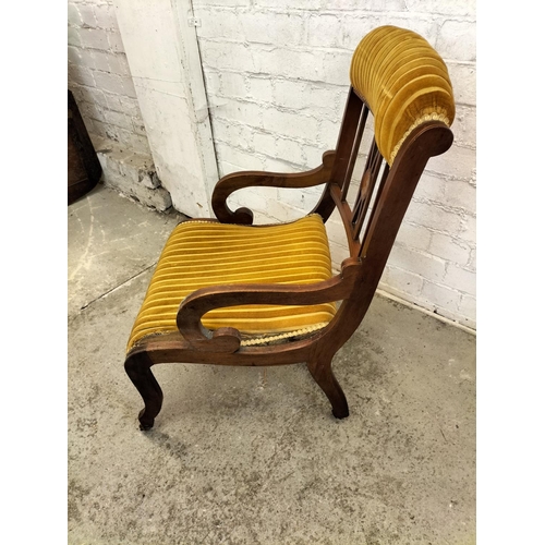 264 - Edwardian Inlaid Ladies Armchair on Castors. 62cm High, 52cm x 49cm. Seat Height 30cm. Requires Re-U... 