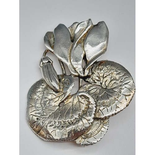 350 - MASJ Pewter Flower Brooches (5). Largest 8cm x 5cm.