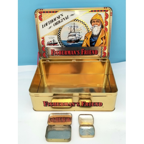 380 - Large 'Fisherman's Friend' Advertising Tin and 2 Smaller Tins plus Biscuit Barrel.