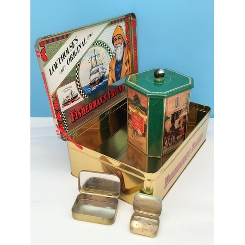 380 - Large 'Fisherman's Friend' Advertising Tin and 2 Smaller Tins plus Biscuit Barrel.