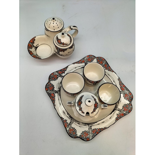 81 - Crown Ducal 'Orange Tree' Cruet Set plus Egg Cups (3) on Egg Plate and Lidded Salt Pot. Rd No 711270... 