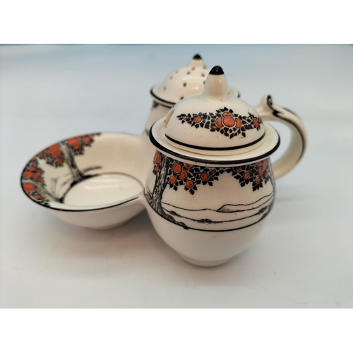 81 - Crown Ducal 'Orange Tree' Cruet Set plus Egg Cups (3) on Egg Plate and Lidded Salt Pot. Rd No 711270... 