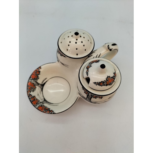 81 - Crown Ducal 'Orange Tree' Cruet Set plus Egg Cups (3) on Egg Plate and Lidded Salt Pot. Rd No 711270... 