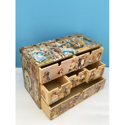 89 - Wooden 6 Drawer Storage Box with Decoupage Designs. 29cm High, 42cm x 21cm.