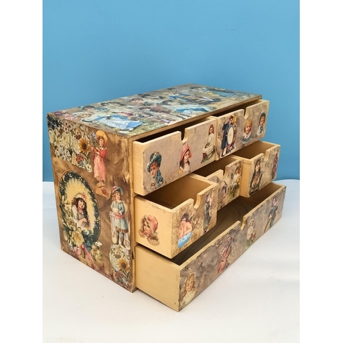 89 - Wooden 6 Drawer Storage Box with Decoupage Designs. 29cm High, 42cm x 21cm.