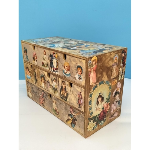 89 - Wooden 6 Drawer Storage Box with Decoupage Designs. 29cm High, 42cm x 21cm.