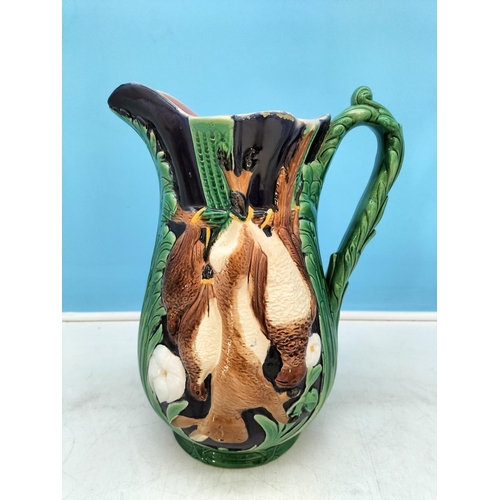 100 - Large 29.5cm Holdcroft Majolica Game Pitcher c 1875. Few Nibbles to Spout and Rim.