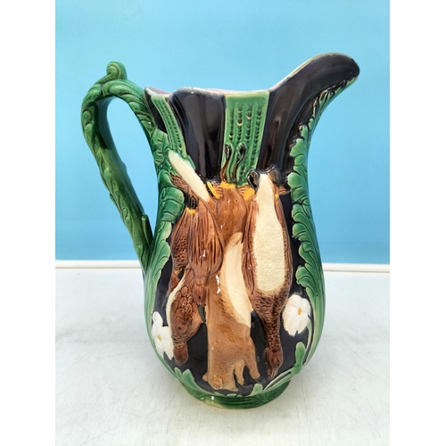 100 - Large 29.5cm Holdcroft Majolica Game Pitcher c 1875. Few Nibbles to Spout and Rim.