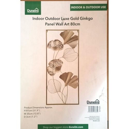 136 - 2 x New and Boxed Dunelm Indoor/Outdoor Luxe Gold Ginkgo Panel Wall Art. 80cm Tall.