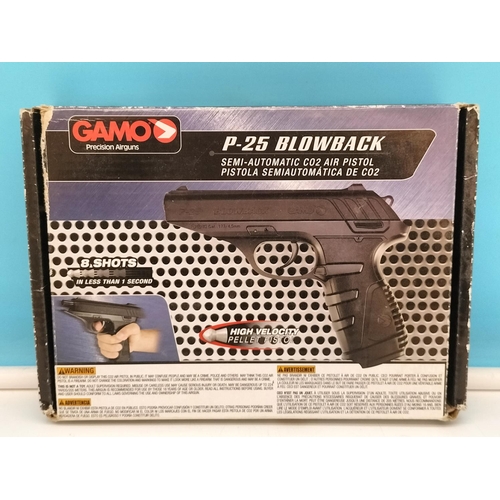 137 - Boxed Gamo P-25 Blowback Semi-Automatic Air Pistol with Canisters. Age ID 18+ Required on Purchase.