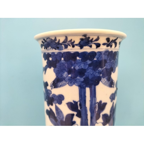 139 - 19th Century Blue and White Floral Decorated Vase on Carved Wooden Stand. Overall Height 28cm.