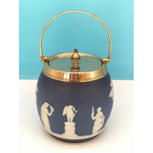 141 - Wedgwood Jasper Ware Blue and White Biscuit Barrel with Silver Plate Rim and Handle. Impressed Mark ... 