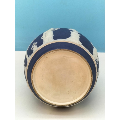 141 - Wedgwood Jasper Ware Blue and White Biscuit Barrel with Silver Plate Rim and Handle. Impressed Mark ... 