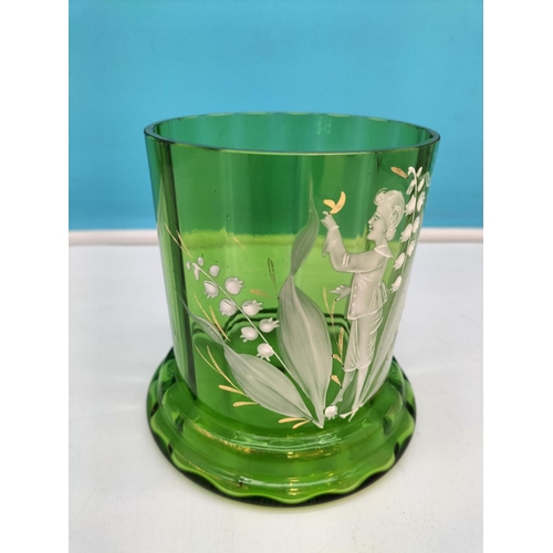 151 - Hand Blown Mary Gregory Style Green Glass Pot. 13cm High, 12cm Diameter.