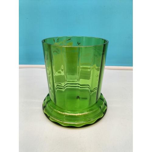 151 - Hand Blown Mary Gregory Style Green Glass Pot. 13cm High, 12cm Diameter.