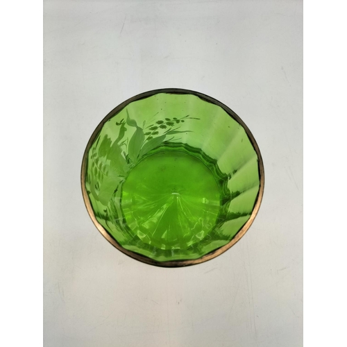 151 - Hand Blown Mary Gregory Style Green Glass Pot. 13cm High, 12cm Diameter.