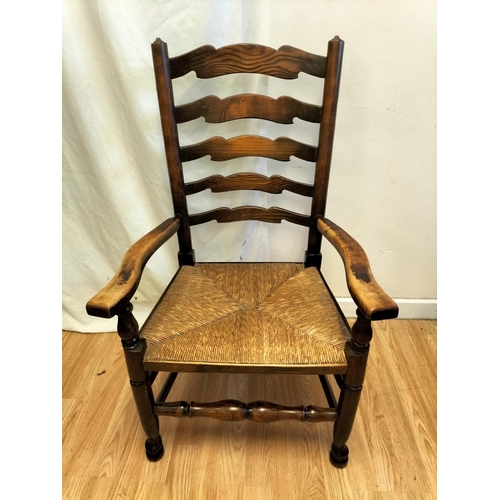 214 - 19th Century Oak Ladder Back and Rush Seat Carver Chair (95cm High, 56cm x 46cm. Seat Height 36cm) p... 