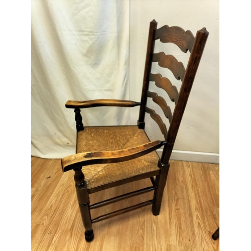 214 - 19th Century Oak Ladder Back and Rush Seat Carver Chair (95cm High, 56cm x 46cm. Seat Height 36cm) p... 