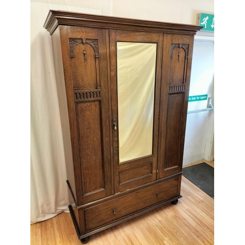 266 - Large 1900's - 1930's Oak Mirrored Single Door Wardrobe. 194cm High, 121cm x 51cm. Collection Only.