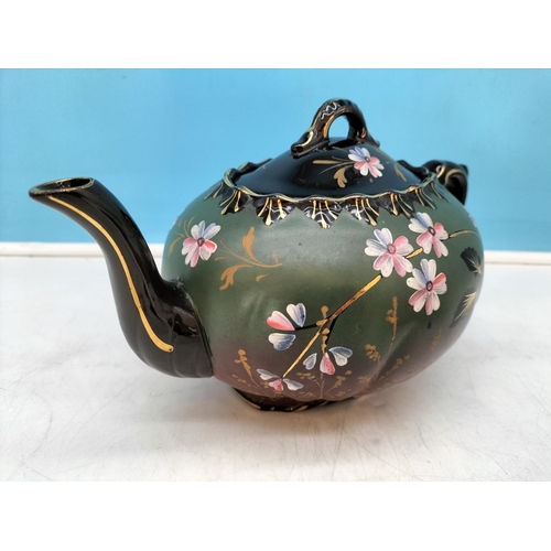 3 - Antique Victorian Jackfield Black and Green Floral Design and Gilt Teapot and Undertray/Stand. 17cm ... 