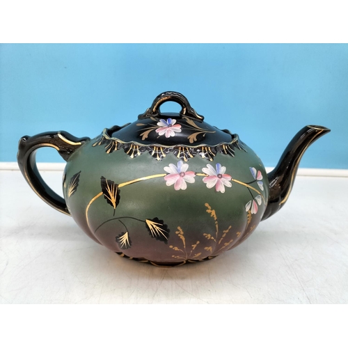 3 - Antique Victorian Jackfield Black and Green Floral Design and Gilt Teapot and Undertray/Stand. 17cm ... 