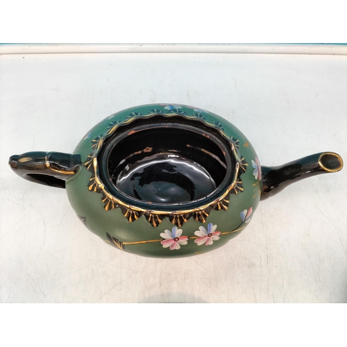 3 - Antique Victorian Jackfield Black and Green Floral Design and Gilt Teapot and Undertray/Stand. 17cm ... 