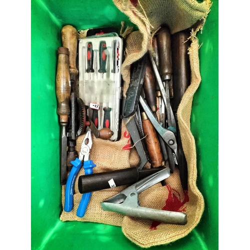 457 - Box of Tools to include Pick Axe, Two Handle Saw, Hammer, etc.