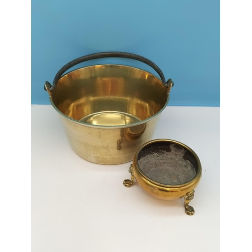 78 - Brass Jam Pan with Metal Handle, Brass Candlesticks, etc. Jam Pan 17cm High, 30cm Diameter.