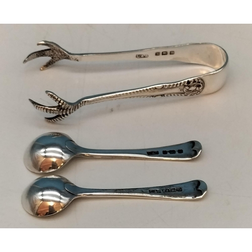 79 - Silver Hallmarked Claw Sugar Tongs plus 2 x Silver Rimmed Salts with Hallmarked Spoons.