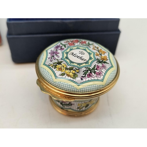 111 - Boxed Enamel Pill Pots (2), Halcyon Days 'To Mother' and Staffordshire Enamels 'Louis Taylor & Sons,... 