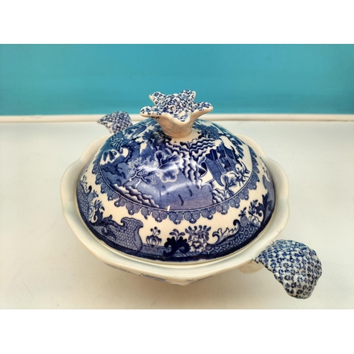 291 - c 1900 Mason's Ironstone Blue and White 'Willow' Pattern Footed Serving Bowl. 18cm High, 28cm Handle... 