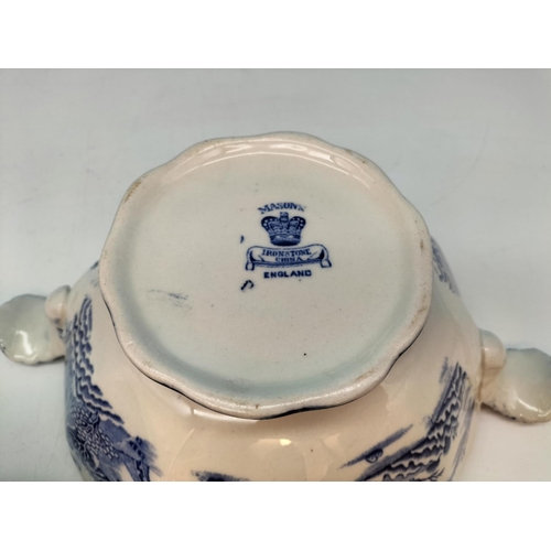 291 - c 1900 Mason's Ironstone Blue and White 'Willow' Pattern Footed Serving Bowl. 18cm High, 28cm Handle... 