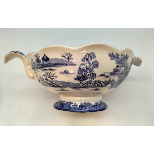 291 - c 1900 Mason's Ironstone Blue and White 'Willow' Pattern Footed Serving Bowl. 18cm High, 28cm Handle... 