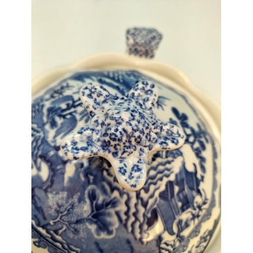 291 - c 1900 Mason's Ironstone Blue and White 'Willow' Pattern Footed Serving Bowl. 18cm High, 28cm Handle... 