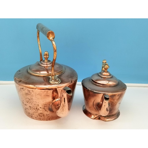 346 - Copper Kettles (2) plus Oak Cased Barometer. Largest Kettle 26cm High x 27cm. Small Kettle has Split... 