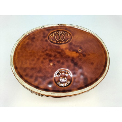 362 - Portmeirion No 1 Treacle Glazed Game Pie Lidded Dish. Nibble Under Rim. 18cm High, 26cm x 20cm.