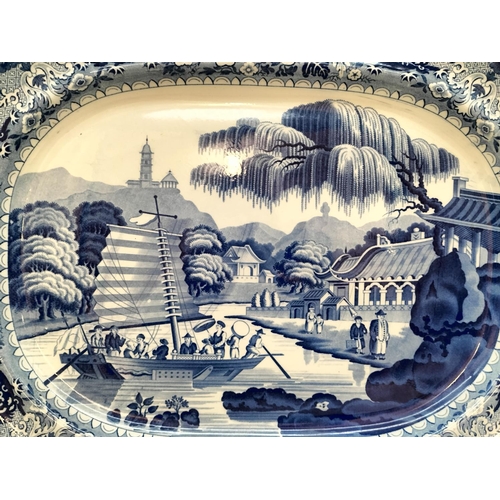 366 - 18th Century Davenport Blue and White 'Chinese Junk' Pattern Large Meat Platter. Early  Impressed Ma... 