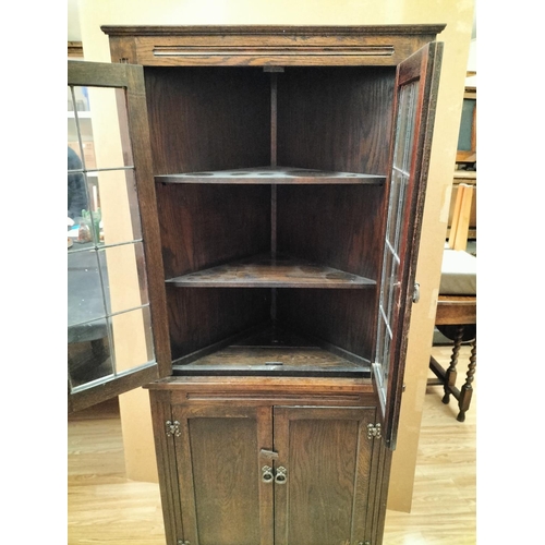 369 - Dark Wood Corner Cabinet with Two Door Leaded Glass Display Cupboard plus Two Door Cupboard to Botto... 