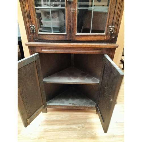 369 - Dark Wood Corner Cabinet with Two Door Leaded Glass Display Cupboard plus Two Door Cupboard to Botto... 