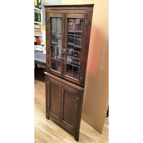 369 - Dark Wood Corner Cabinet with Two Door Leaded Glass Display Cupboard plus Two Door Cupboard to Botto... 