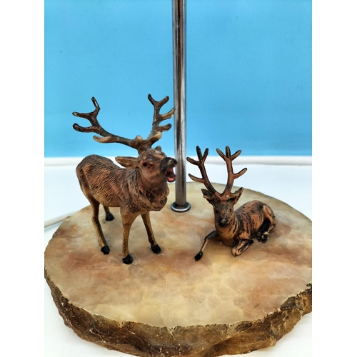 379 - Marble Based Table Lamp with Stag Figures W/O. 47cm High, 20cm x 17cm.