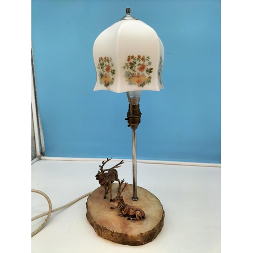 379 - Marble Based Table Lamp with Stag Figures W/O. 47cm High, 20cm x 17cm.