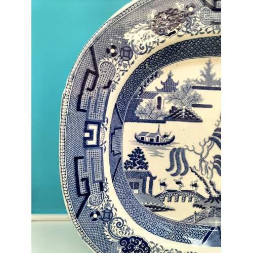 409 - 19th Century Blue and White 'Willow' Pattern Large Meat Platter. Unmarked c 1860-1880.  49cm x 39cm.