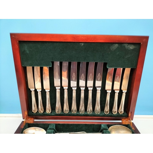 412 - Wooden Cased 44 Piece, 6 Setting Canteen of Cutlery with Oyster Design Handles.